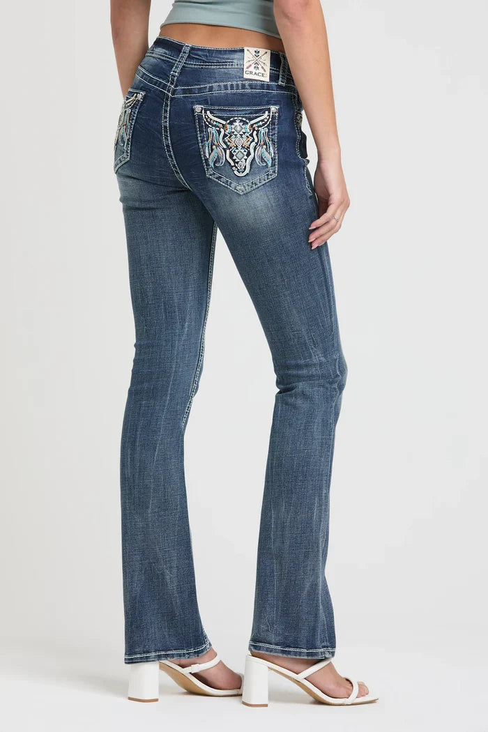 Grace in LA Easy Fit Women's Steerhead & Feathers Embellished Pocket Bootcut Jeans EB61937