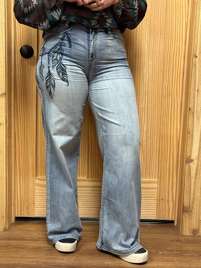 Grace in LA Harmony Fit Women's Dream Catcher Feather Embroidered Wide Leg Jeans HLG9614