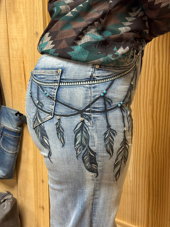 Grace in LA Harmony Fit Women's Dream Catcher Feather Embroidered Wide Leg Jeans HLG9614