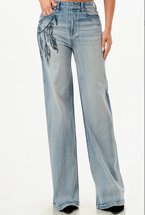 Grace in LA Harmony Fit Women's Dream Catcher Feather Embroidered Wide Leg Jeans HLG9614