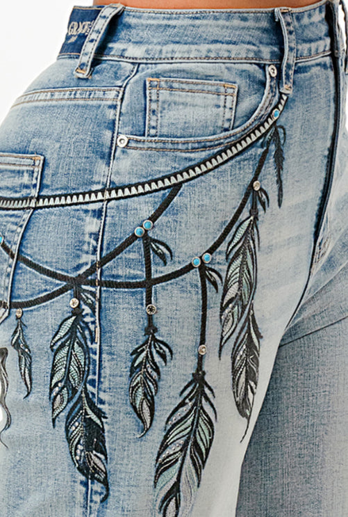 Grace in LA Harmony Fit Women's Dream Catcher Feather Embroidered Wide Leg Jeans HLG9614