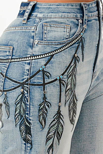 Grace in LA Harmony Fit Women's Dream Catcher Feather Embroidered Wide Leg Jeans HLG9614