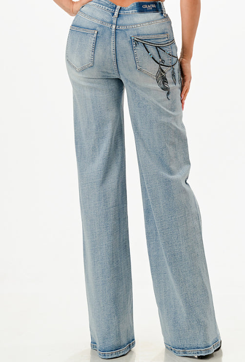 Grace in LA Harmony Fit Women's Dream Catcher Feather Embroidered Wide Leg Jeans HLG9614