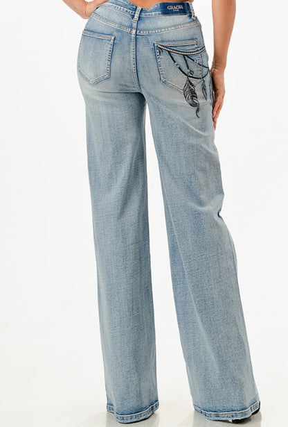 Grace in LA Harmony Fit Women's Dream Catcher Feather Embroidered Wide Leg Jeans HLG9614