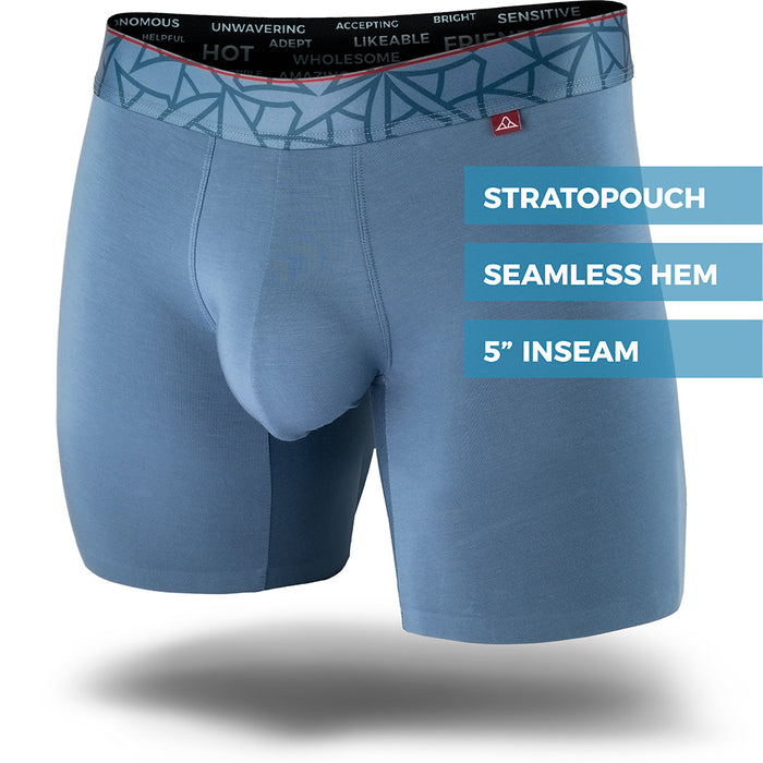Wailea Blue men's boxer brief featuring a contoured Pouch with mesh liner for support without a fly, patterned waistband, seamless hems and a 5" inseam. Front Image.