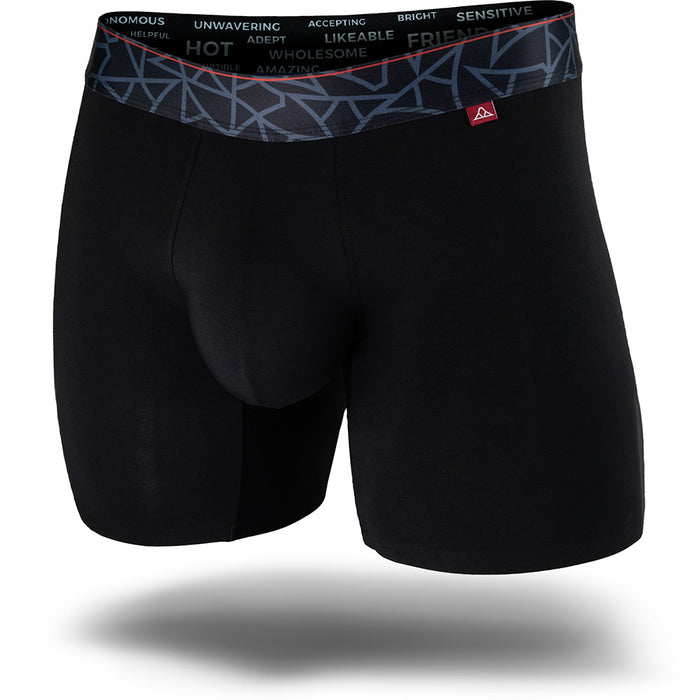 Black men's boxer brief featuring a contoured Pouch with mesh liner for support without a fly, patterned waistband, seamless hems and a 5" inseam. Front Image.