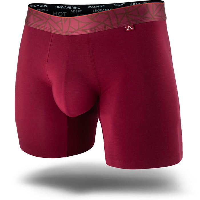Lahaina Red men's boxer brief featuring a contoured Pouch with mesh liner for support without a fly, patterned waistband, seamless hems and a 5" inseam. Front Image.