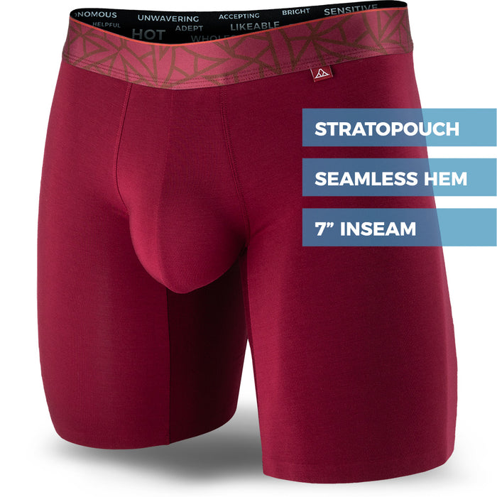 Dark Red men's boxer brief featuring a contoured Pouch with mesh liner for support without a fly, patterned waistband, seamless hems and a 7" inseam. Front Image.