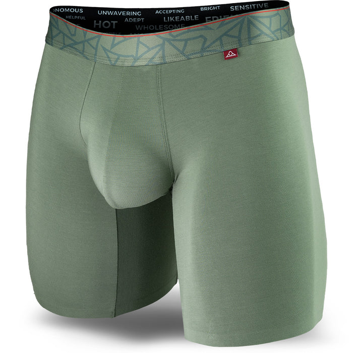 Hana Green men's boxer brief featuring a contoured Pouch with mesh liner for support without a fly, patterned waistband, seamless hems and a 7" inseam. Front Image.