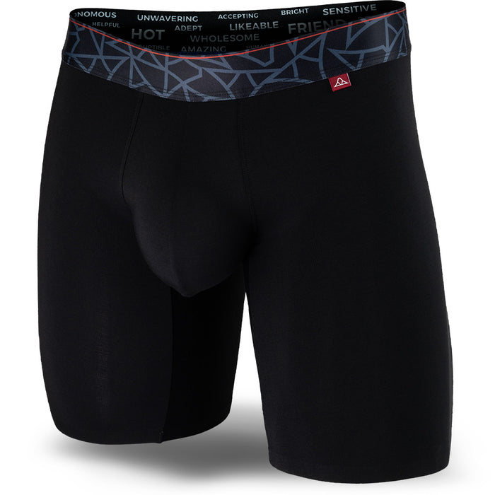 Black men's boxer brief featuring a contoured Pouch with mesh liner for support without a fly, patterned waistband, seamless hems and a 7" inseam. Front Image.