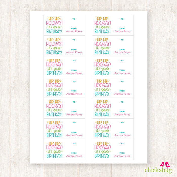 "Hip Hip Hooray!" Pink Birthday Gift Labels