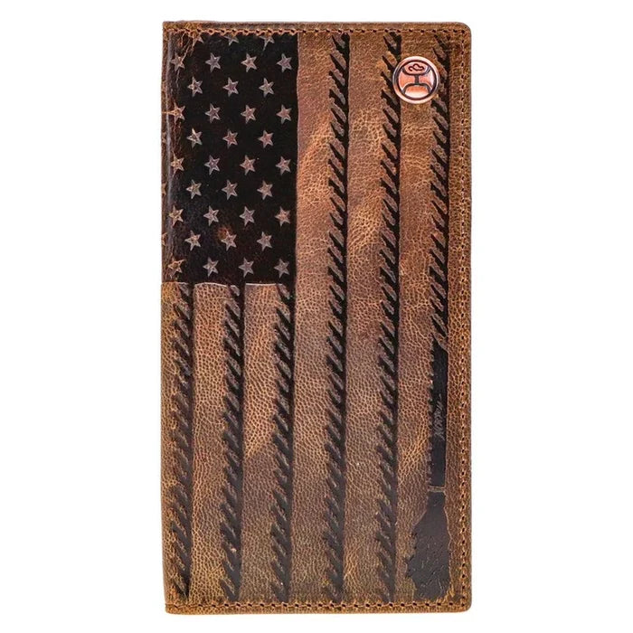 Hooey Liberty Roper Brown Flag Embossed Distressed Leather Rivet Logo Rodeo Wallet HW003-BRBK