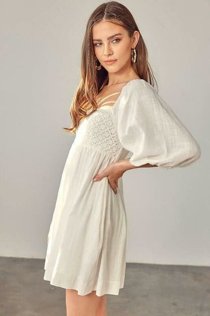 Make It Special White Crochet Puff Sleeve Mini Dress