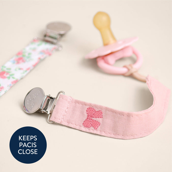 Itzy Clip Fabric Pacifier Strap - Bow Pink