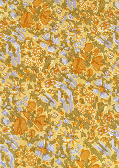 A mustard floral print tablecloth.