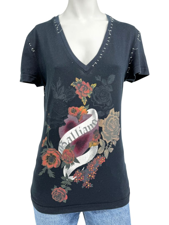 John Galliano Floral Heart Graphic V-Neck T-Shirt – Size M