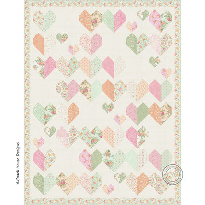 Close up digital image of lap quilt design with 35 large heart-shaped blocks and 10 smaller hearts in pastel floral fabrics on a cream background.