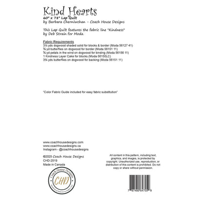 Textual information about a lap quilt sewing pattern titled 'Kind Hearts' by Coach House Designs. This page contains information about the design specifications and fabric requirements to make the quilt.