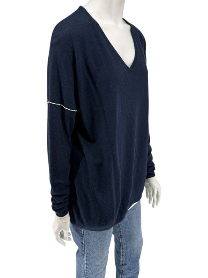 Kokun Navy Blue Bamboo Cashmere V-Neck Sweater – Size XL