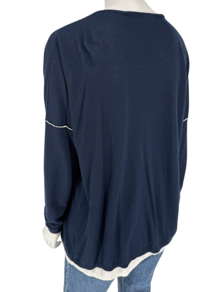 Kokun Navy Blue Bamboo Cashmere V-Neck Sweater – Size XL