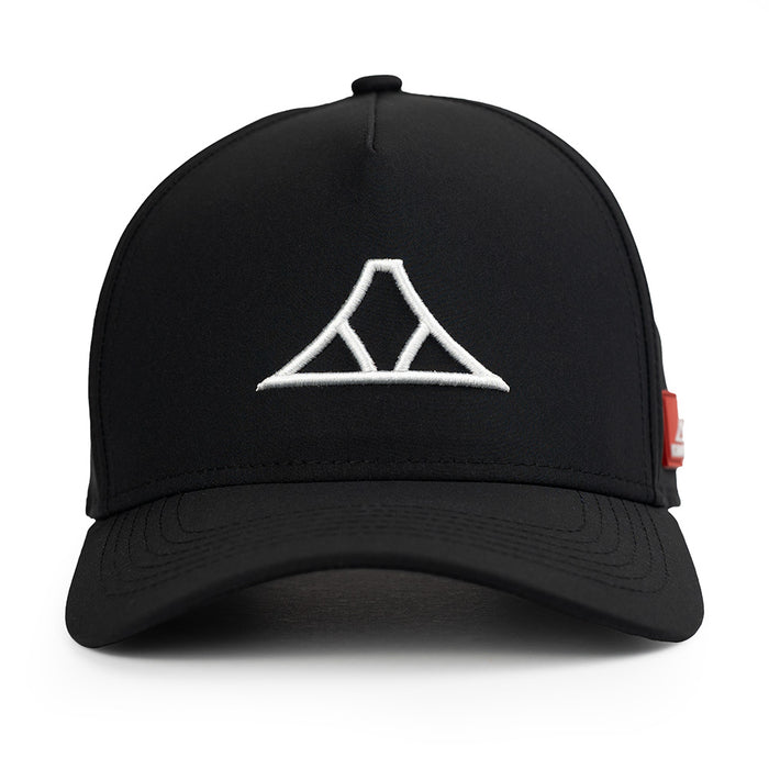 Black cap with a white triangle logo on a white background