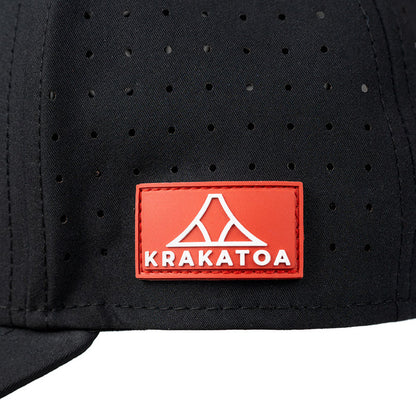 Black cap with a red Krakatoa logo on a white background