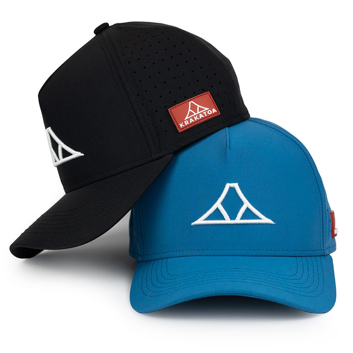 Black and blue baseball caps with a brand logo on a white background
