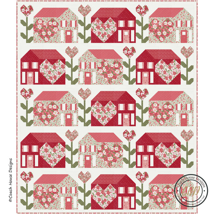 Pattern of red houses and flowers with floral designs and hearts on a white background