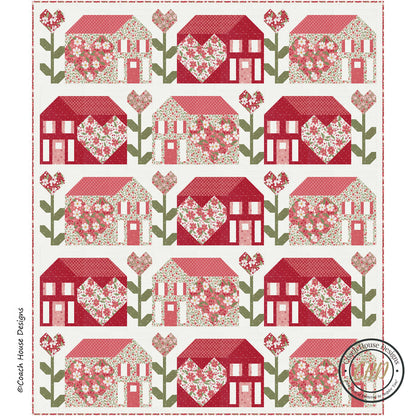 Pattern of red houses and flowers with floral designs and hearts on a white background
