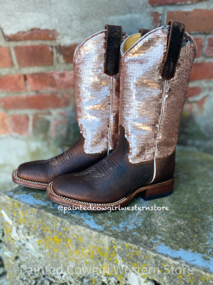 Macie Bean Children and Youth Distressed Bison & Sparkle Magic Square Toe Boots MK9153-Painted Cowgirl Western Store