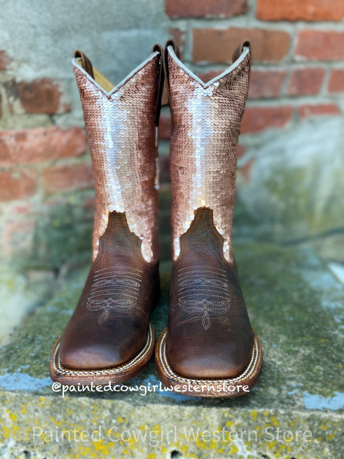 Macie Bean Children and Youth Distressed Bison & Sparkle Magic Square Toe Boots MK9153-Painted Cowgirl Western Store