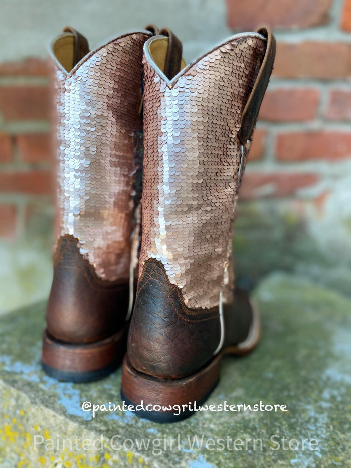 Macie Bean Children and Youth Distressed Bison & Sparkle Magic Square Toe Boots MK9153-Painted Cowgirl Western Store