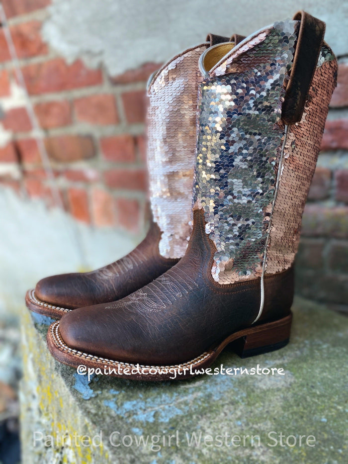 Macie Bean Children and Youth Distressed Bison & Sparkle Magic Square Toe Boots MK9153-Painted Cowgirl Western Store