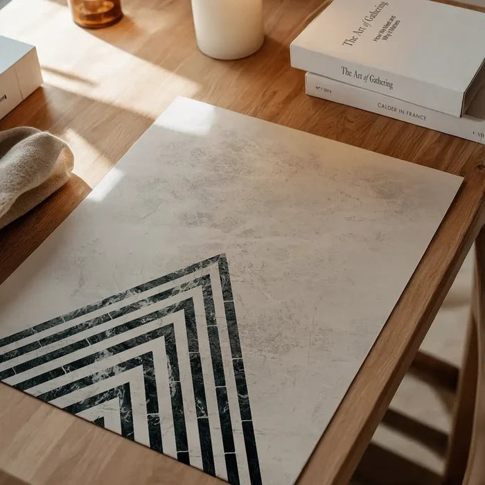 Abstract dark marble point graphic print on textured archival art paper, displayed on a wooden table.