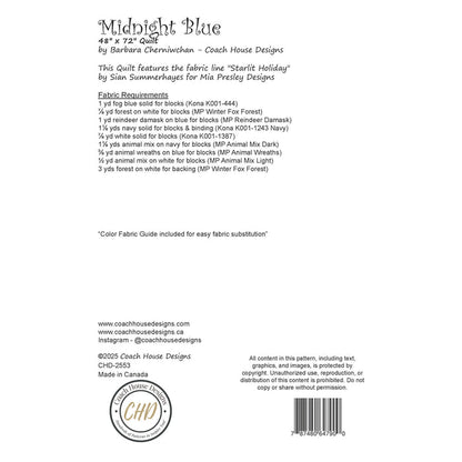Textual information about a lap quilt sewing pattern titled 'Midnight Blue' by Coach House Designs. This page contains information about the design specifications and fabric requirements to make the quilt.