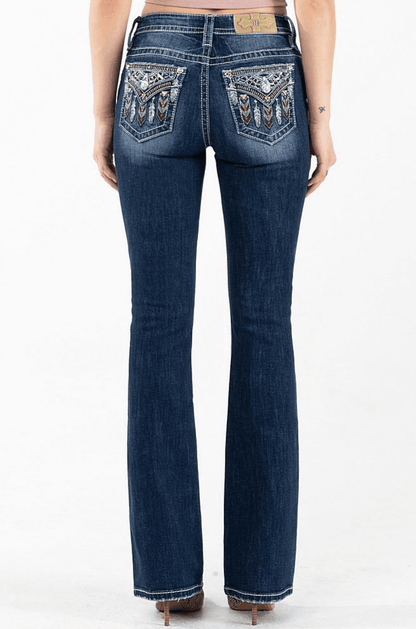 Miss Me Dream Catcher & Feather Pocket Mid-Rise Boot Cut Jeans M3929B