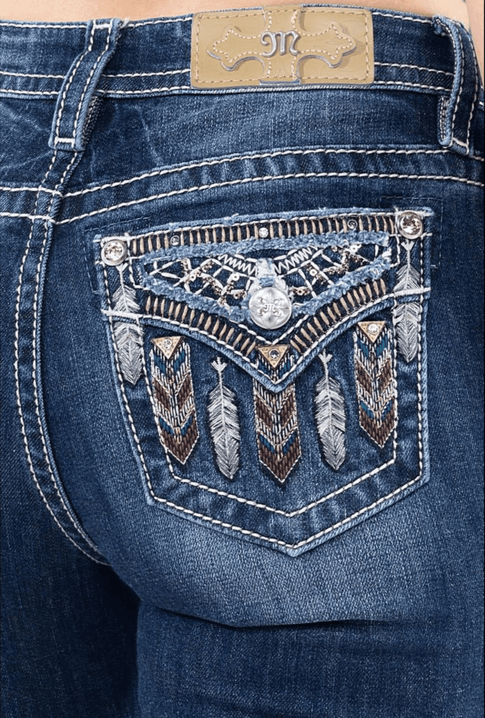 Miss Me Dream Catcher & Feather Pocket Mid-Rise Boot Cut Jeans M3929B