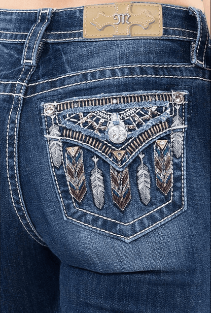 Miss Me Dream Catcher & Feather Pocket Mid-Rise Boot Cut Jeans M3929B