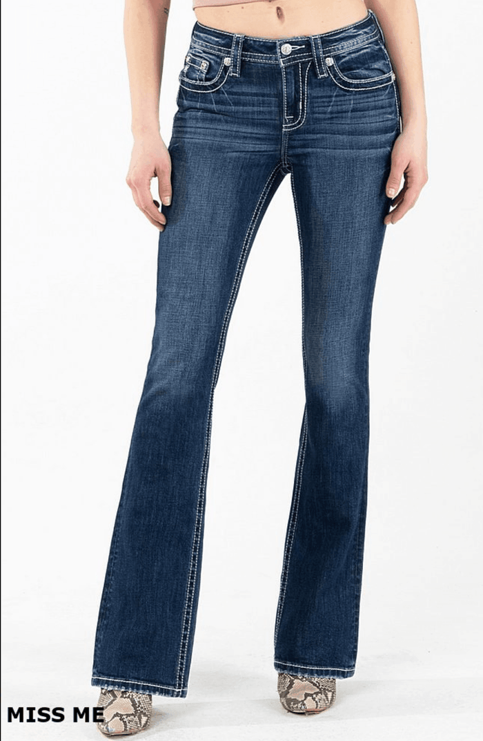 Miss Me Dream Catcher & Feather Pocket Mid-Rise Boot Cut Jeans M3929B