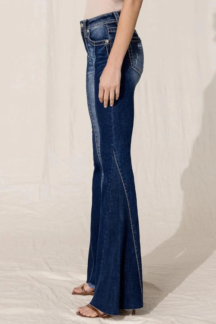 Miss Me Women's Patchwork Denim High Rise Flare Jeans H3636SF63-Painted Cowgirl Western Store