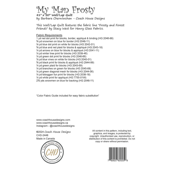 Textual information about the lap quilt sewing pattern titled 'My Man Frosty' by Coach House Designs.