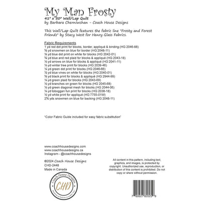 Textual information about the lap quilt sewing pattern titled 'My Man Frosty' by Coach House Designs.