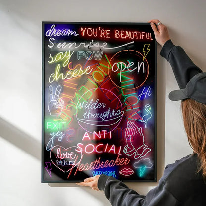 Framed graphic print of a vibrant, multilayered mashup of cult contemporary neon signs.