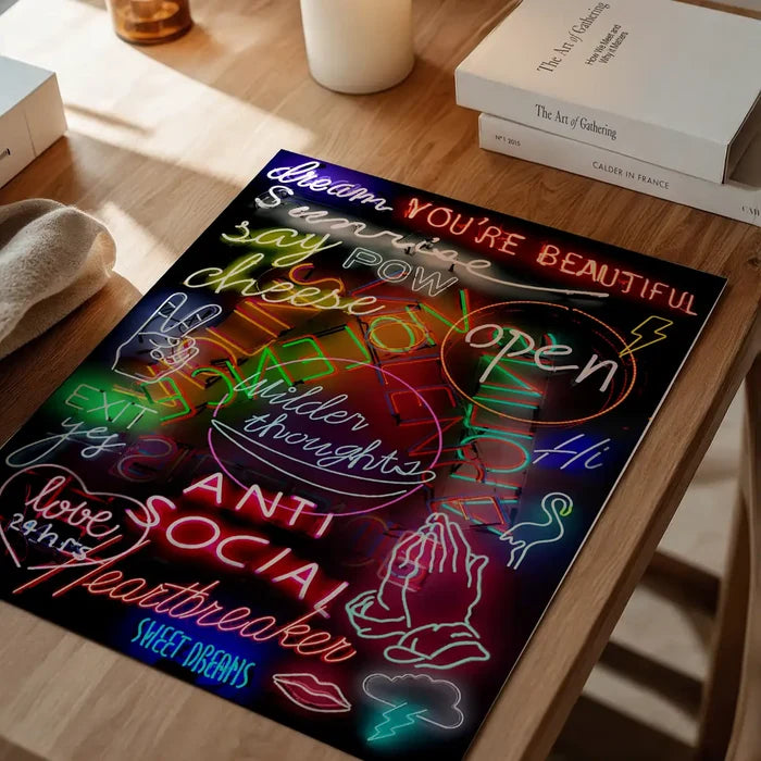 Vibrant neon sign mashup print on archival art paper, featuring text like "Dream," "Open," and "Anti Social.