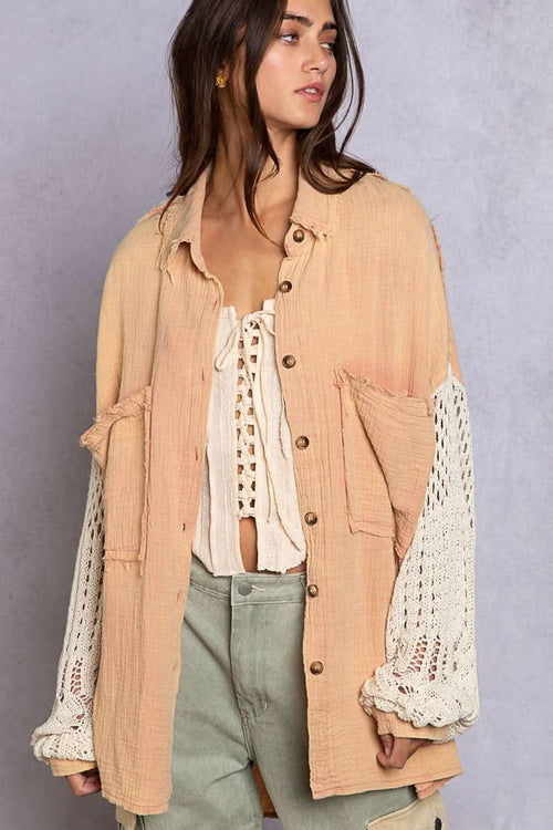 Lesley Dusty Peach Crochet Sleeve Shacket