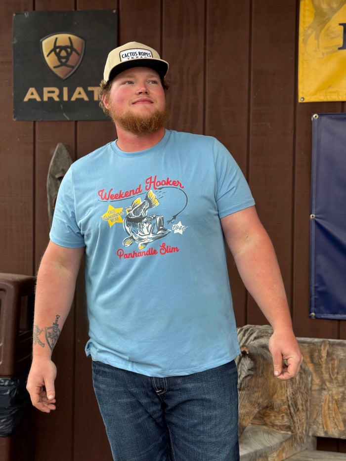 Panhandle Slim Light Blue 'Weekend Hooker' Big Bass Graphic Tee Shirt PU21T09017