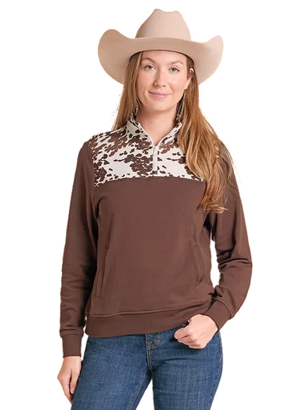 Panhandle Slim Women's Brown Cow Print 1/4 Zip Pullover LW91T09688