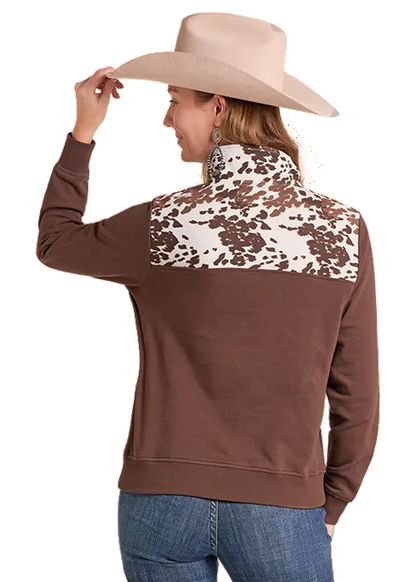 Panhandle Slim Women's Brown Cow Print 1/4 Zip Pullover LW91T09688