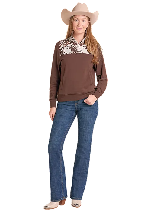 Panhandle Slim Women's Brown Cow Print 1/4 Zip Pullover LW91T09688