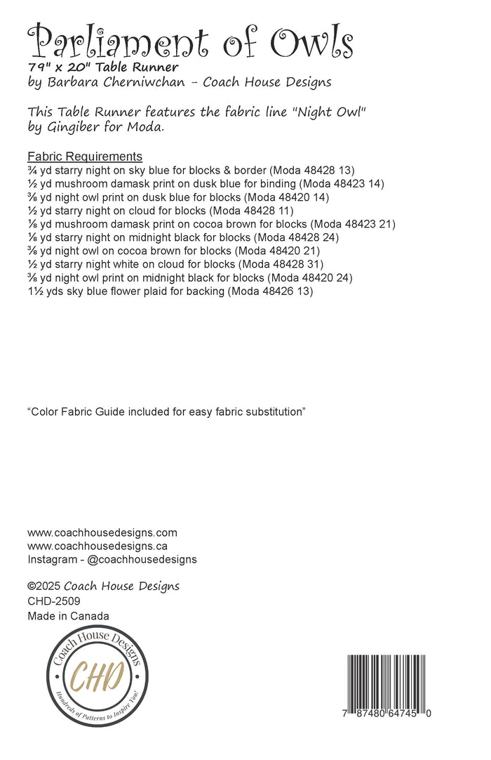 Fabric guide and specifications for a table runner quilt titled 'Parliament of Owls' by Coach House Designs.